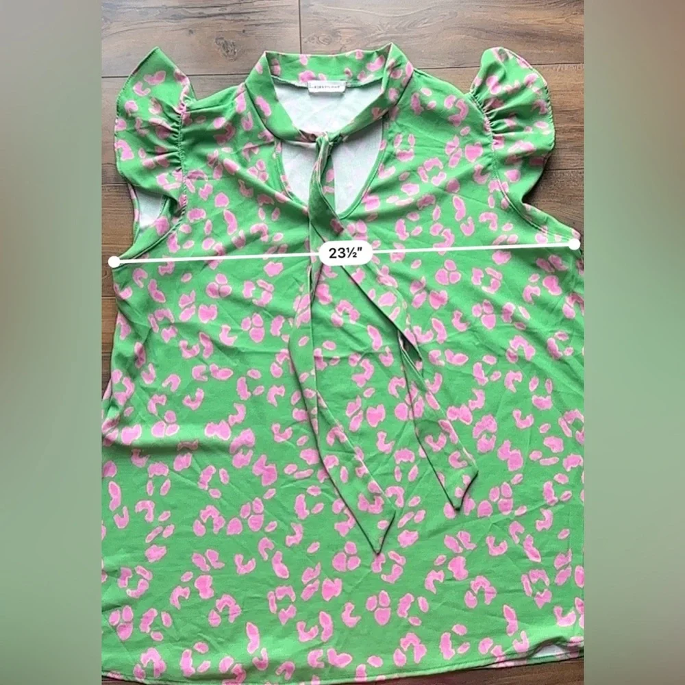 First Love Green Pink Leopard Blouse Puff Sleeve Preppy Chic Top - Picture 5 of 6